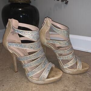 Dressy formal Heels - Glitter Gold tone with Rhinestones 4" Heel Platform sz 7